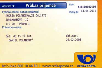 Průkaz příjemce - Česká pošta