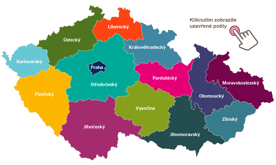 Mapa krajů. Klikem zobrazíte uzavřené pošty. Mapa krajů. Klikem zobrazíte uzavřené pošty.